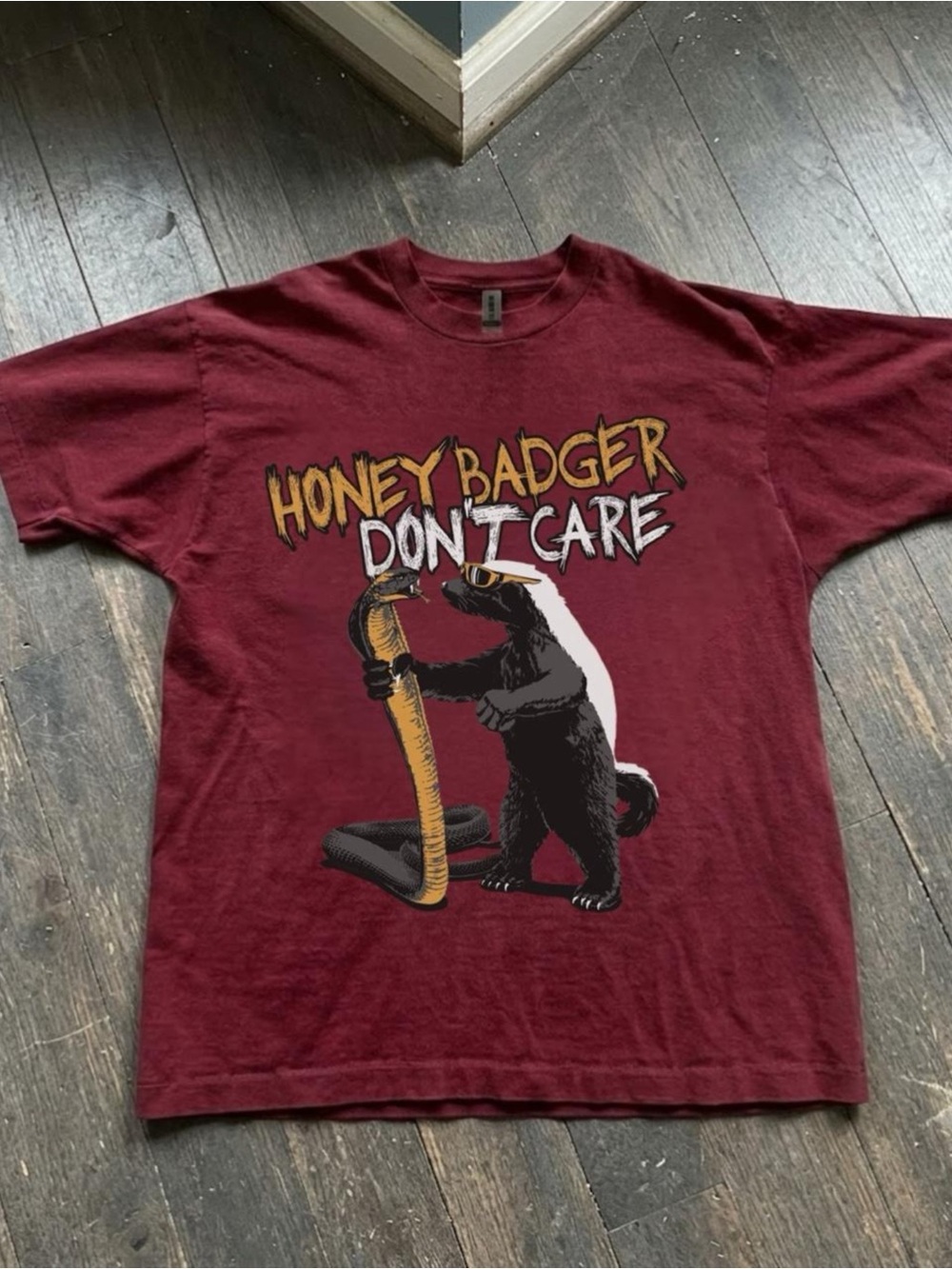 Antique cherry red shirt, Honey Badger Don’t Care Graphic Tee - Maroon